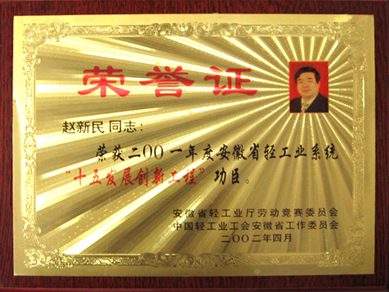 十五創(chuàng)新發(fā)展工程榮譽(yù)證